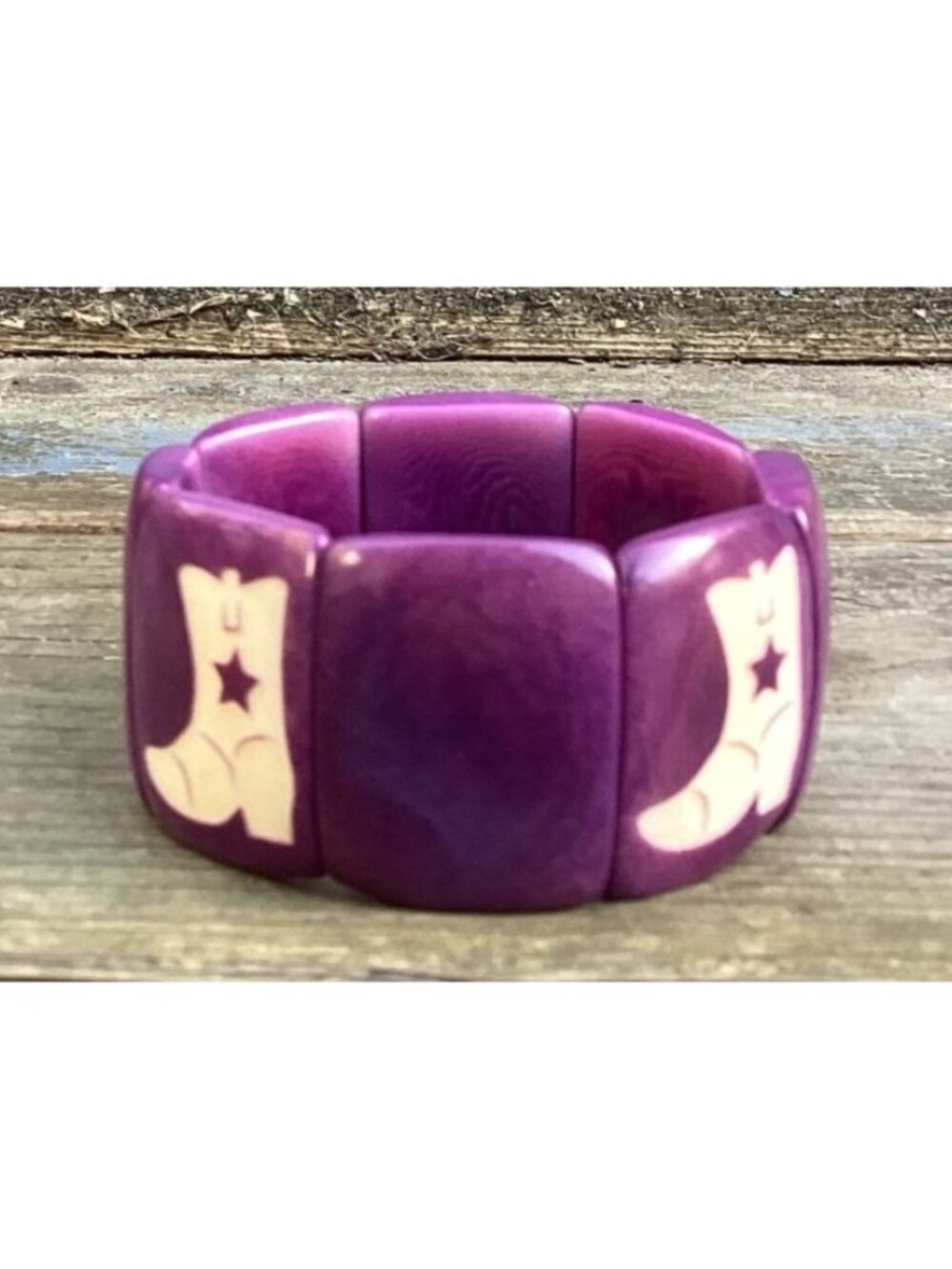 Wide Purple Tagua Panel Stretch Bracelet Carved Cowboy Boot Motif Festival Wear - Picture 3 of 6